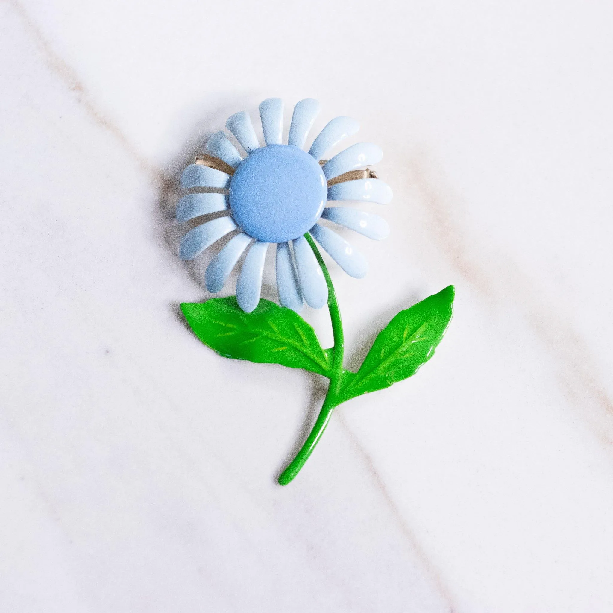 Vintage Retro Blue Painted Enamel Metal Daisy Brooch