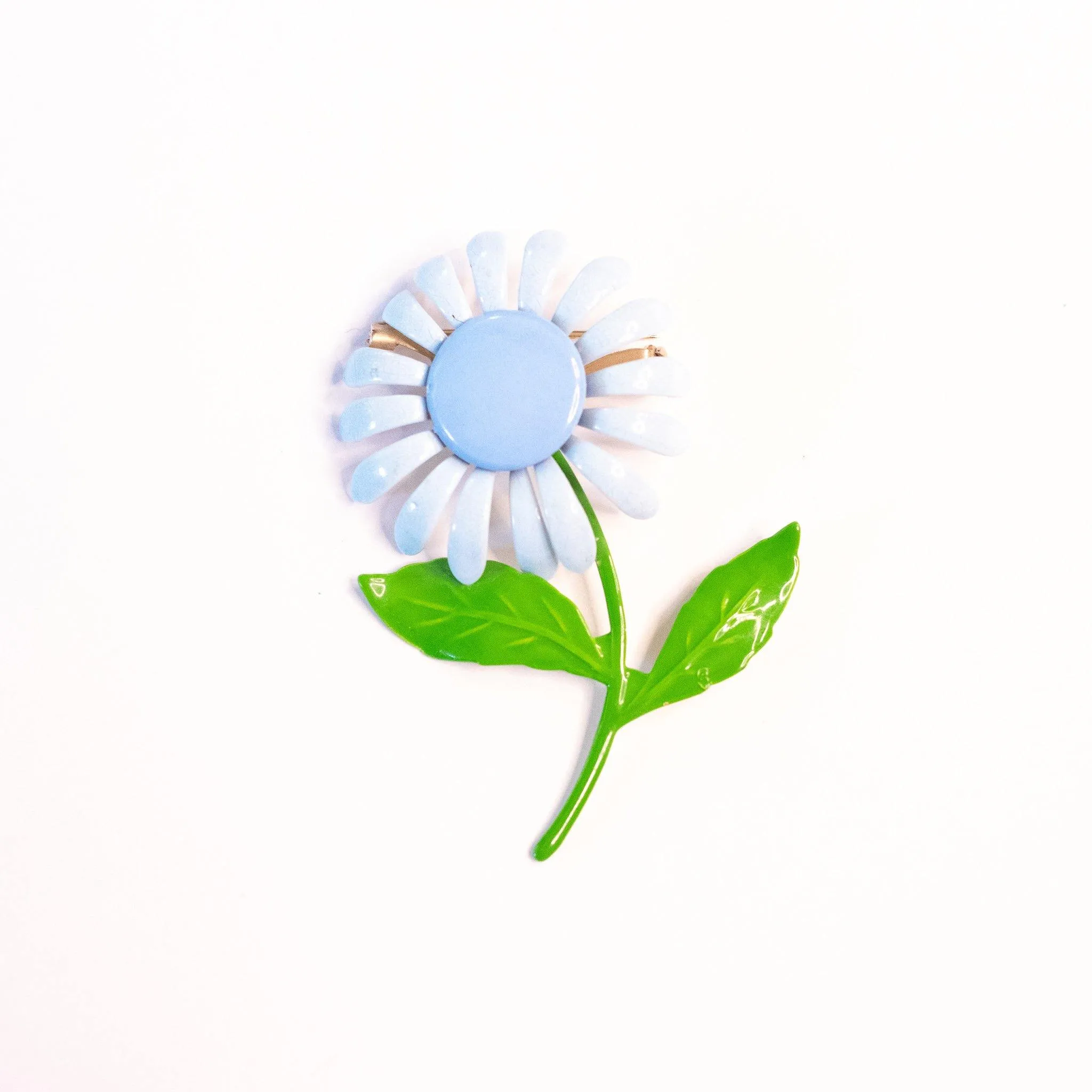Vintage Retro Blue Painted Enamel Metal Daisy Brooch