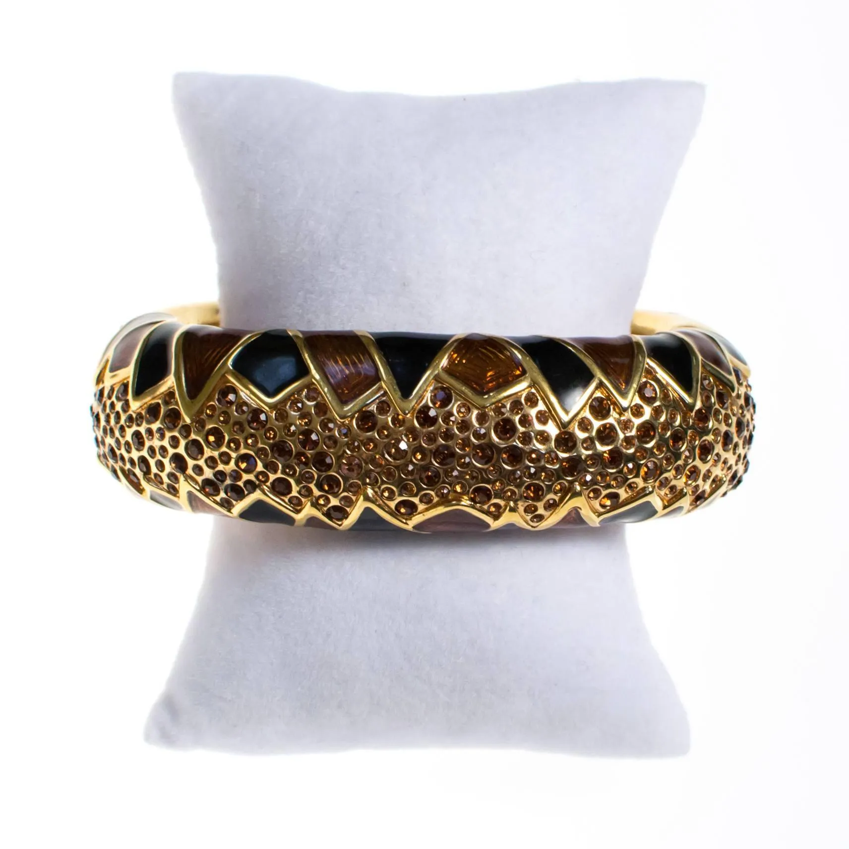 Vintage Swarovski Bangle Bracelet Gold, Black Smokey Topaz, and Amber Rhinestones