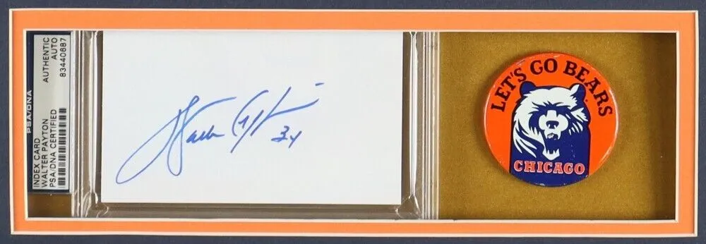 Walter Payton Signed 33x37 Custom Framed Cut Display w/ Jersey & Bears Pins PSA
